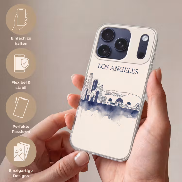 Los Angeles - Skyline - Architectuur - Aquarel - Blauw Telefoonhoesje iPhone 17 Pro klein -sfeer3_DE