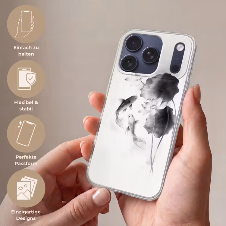 Lotusbloemen - Vissen - Bladeren - Zwart Telefoonhoesje iPhone 17 Pro klein -sfeer3_DE