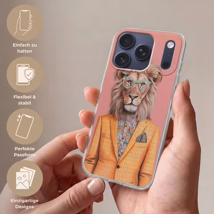 Leeuw - Pak - Geruit - Bril Telefoonhoesje iPhone 17 Pro klein -sfeer3_DE