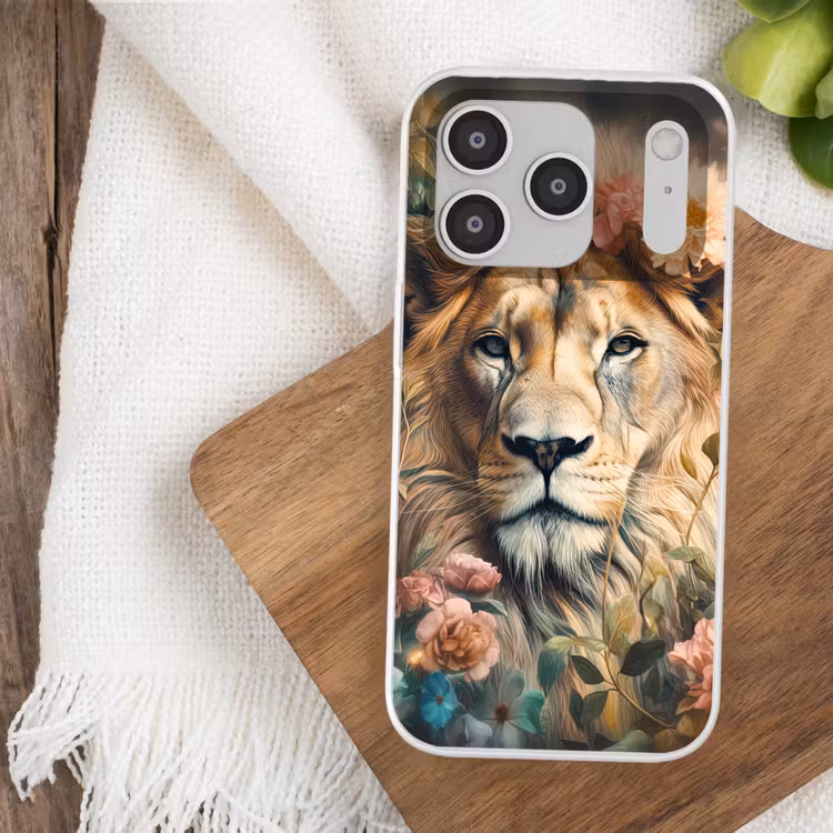 Leeuw - Leeuwenkop - Wilde dieren - Bloemen Telefoonhoesje iPhone 17 Pro klein -sfeer1