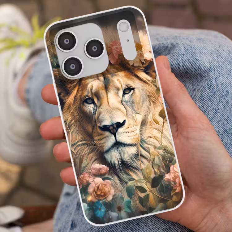 Leeuw - Leeuwenkop - Wilde dieren - Bloemen Telefoonhoesje iPhone 17 Pro klein -sfeer2