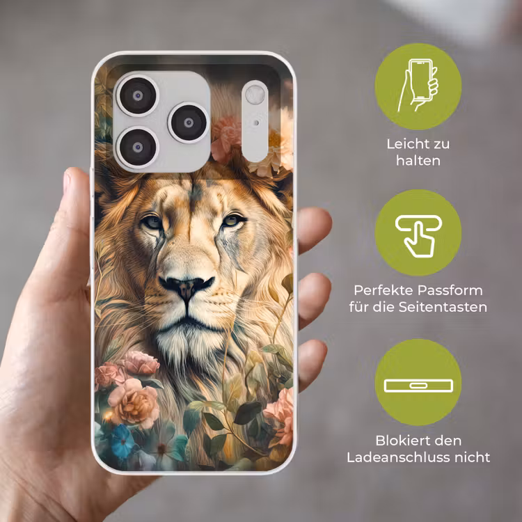 Leeuw - Leeuwenkop - Wilde dieren - Bloemen Telefoonhoesje iPhone 17 Pro klein -sfeer3_DE