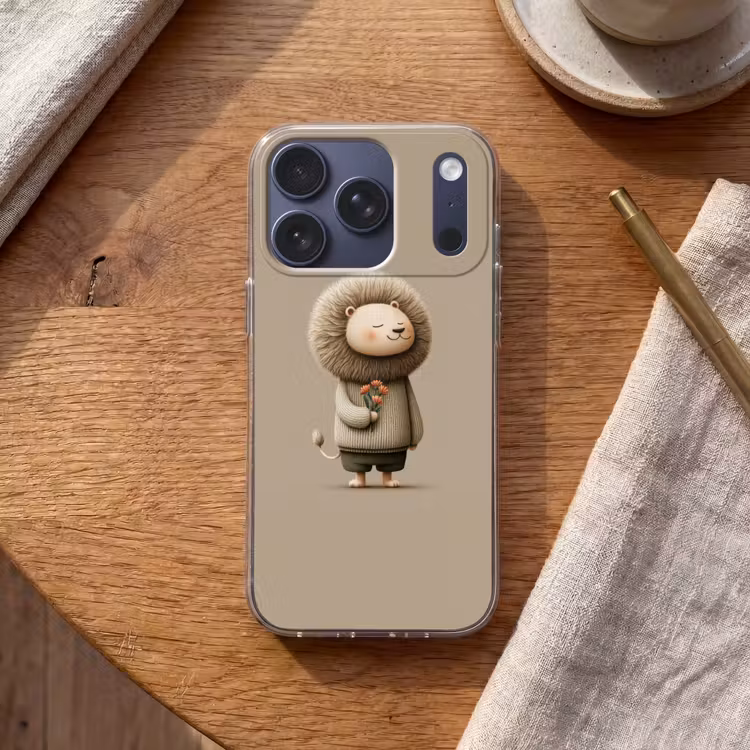 Leeuw - Oranje bloemen - Vriendelijk Telefoonhoesje iPhone 17 Pro klein -sfeer1