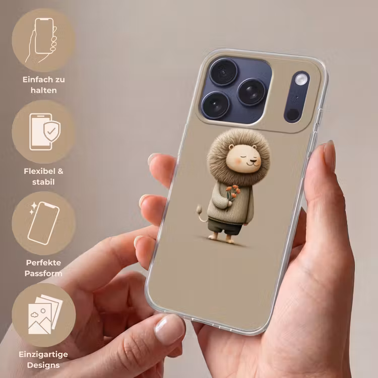 Leeuw - Oranje bloemen - Vriendelijk Telefoonhoesje iPhone 17 Pro klein -sfeer3_DE