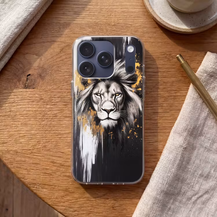 Leeuw - Portret - Verfspatten - Grijs Telefoonhoesje iPhone 17 Pro klein -sfeer1
