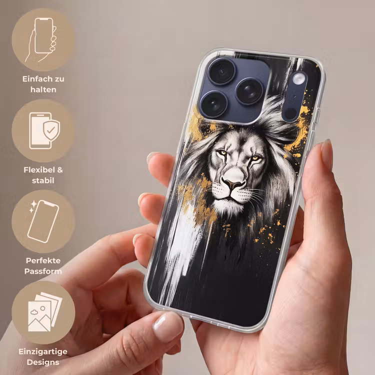 Leeuw - Portret - Verfspatten - Grijs Telefoonhoesje iPhone 17 Pro klein -sfeer3_DE