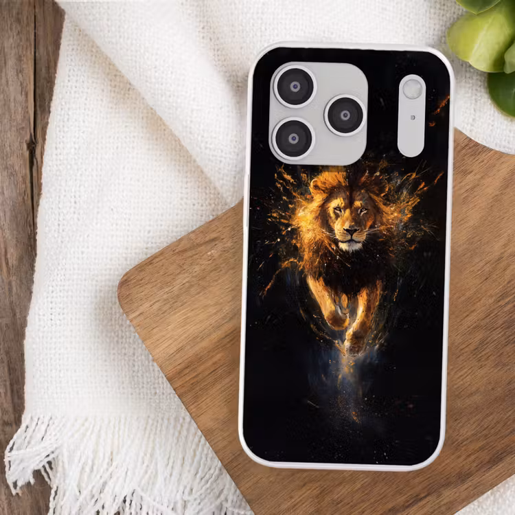 Leeuw - Zwart - Oranje - Verf Telefoonhoesje iPhone 17 Pro klein -sfeer1