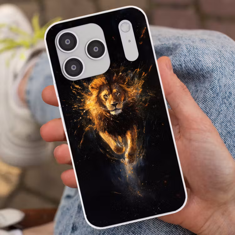 Leeuw - Zwart - Oranje - Verf Telefoonhoesje iPhone 17 Pro klein -sfeer2