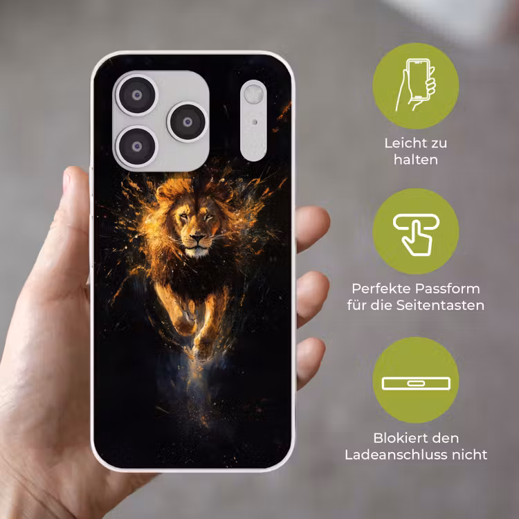 Leeuw - Zwart - Oranje - Verf Telefoonhoesje iPhone 17 Pro klein -sfeer3_DE