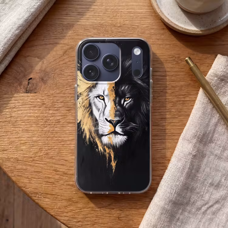 Leeuw - Gesplitst - Zwart - Lijn Telefoonhoesje iPhone 17 Pro klein -sfeer1