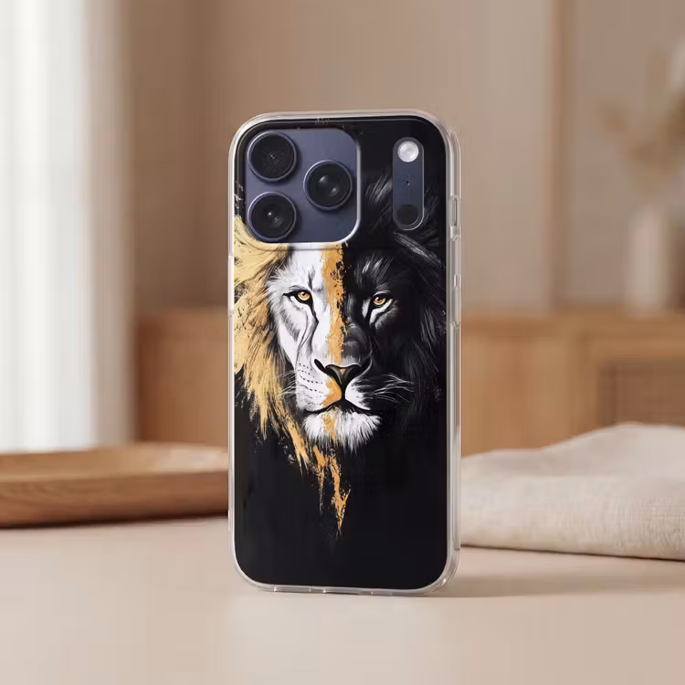 Leeuw - Gesplitst - Zwart - Lijn Telefoonhoesje iPhone 17 Pro klein -sfeer2