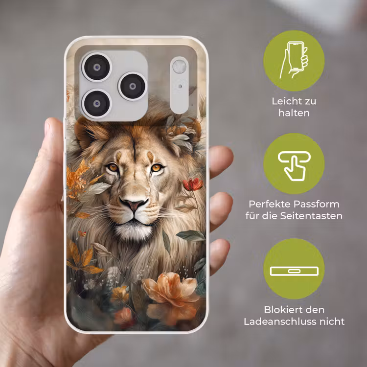 Leeuw - Wilde dieren - Planten - Natuur - Bloemen Telefoonhoesje iPhone 17 Pro klein -sfeer3_DE