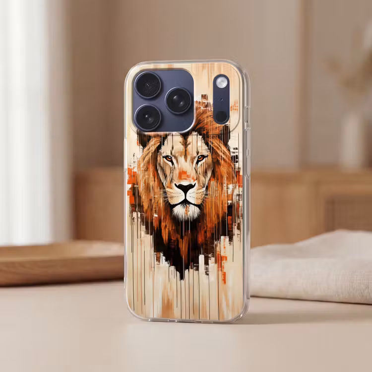 Leeuwenkop - Lijnen - Crème Telefoonhoesje iPhone 17 Pro klein -sfeer2