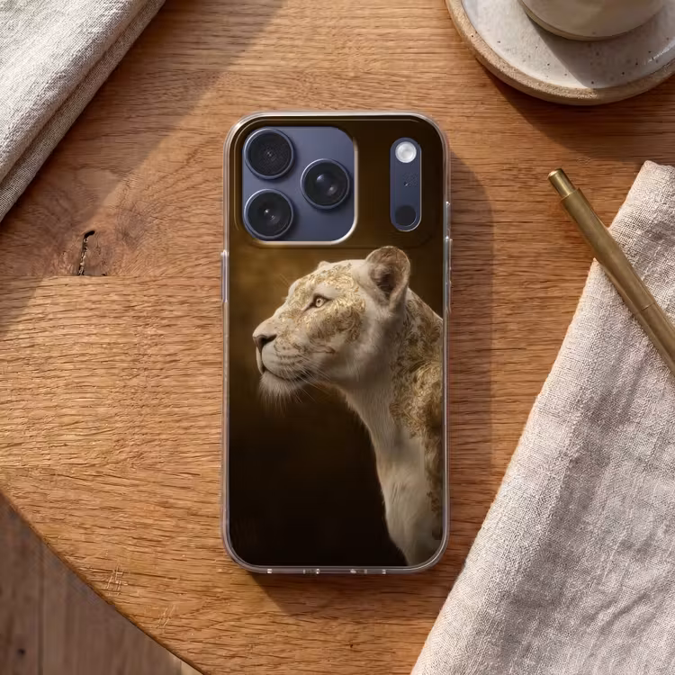 Leeuwin - Bloemen - Wit - Goud Telefoonhoesje iPhone 17 Pro klein -sfeer1