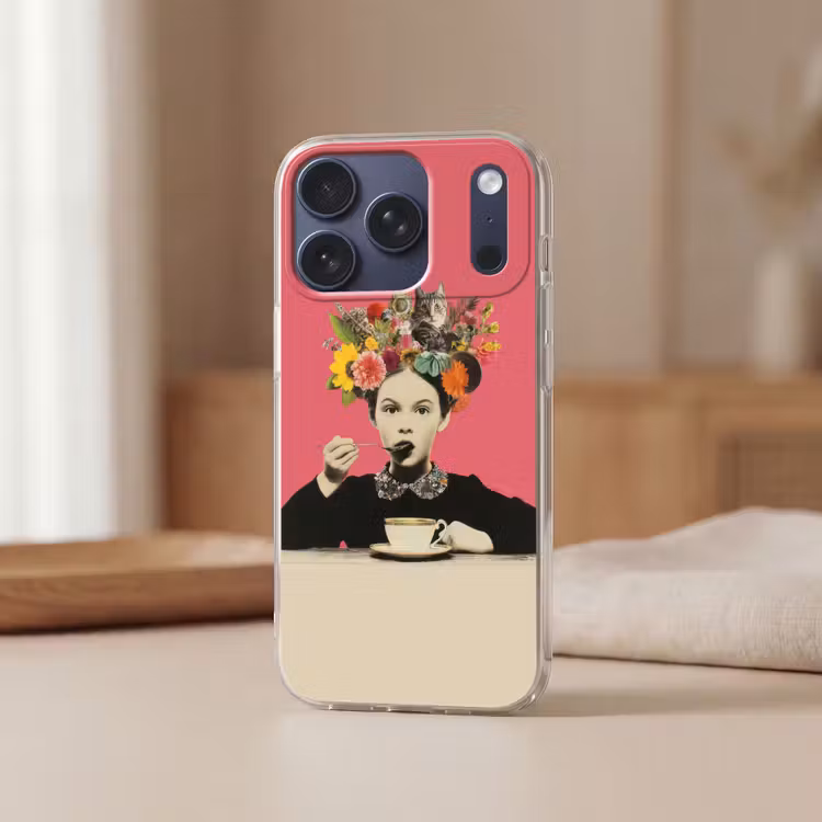 Meisje - Kopje - Bloemen - Roze Telefoonhoesje iPhone 17 Pro klein -sfeer2