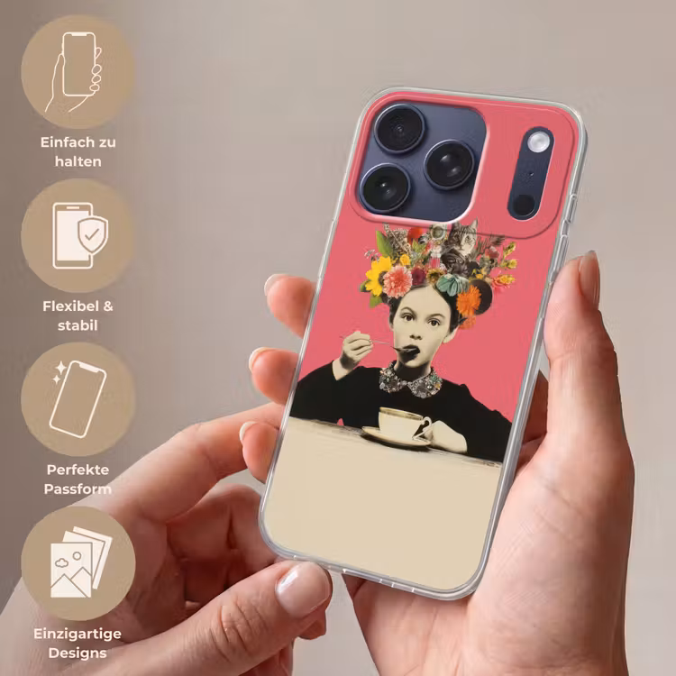 Meisje - Kopje - Bloemen - Roze Telefoonhoesje iPhone 17 Pro klein -sfeer3_DE