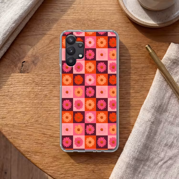 Madeliefjes - Dambord - Retro - Roze - Oranje Telefoonhoesje Samsung Galaxy A32 5G klein 346 -sfeer1