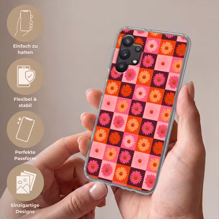 Madeliefjes - Dambord - Retro - Roze - Oranje Telefoonhoesje Samsung Galaxy A32 5G klein 346 -sfeer3_DE