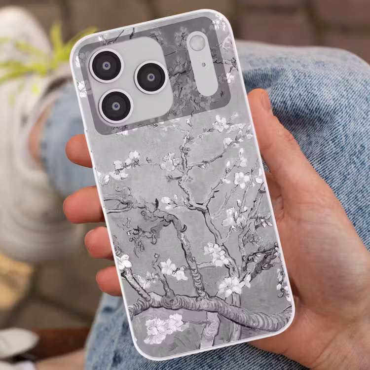 Amandelbloesem - Kunst - Van Gogh - Grijs Telefoonhoesje iPhone 17 Pro klein -sfeer2