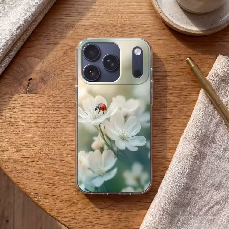 Lieveheersbeestje - Bloemen - Wit Telefoonhoesje iPhone 17 Pro klein -sfeer1
