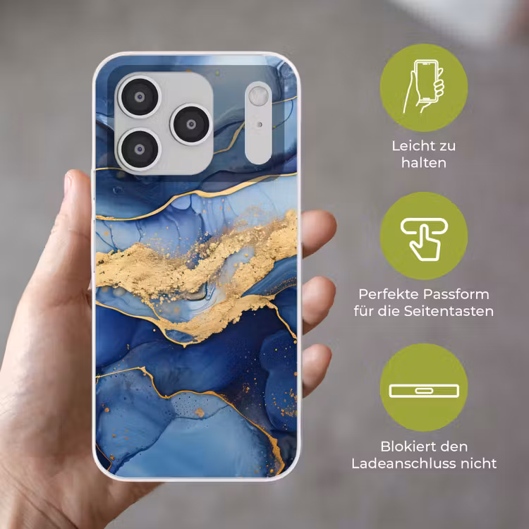 Marmer - Blauw - Goud - Abstract Telefoonhoesje iPhone 17 Pro klein -sfeer3_DE