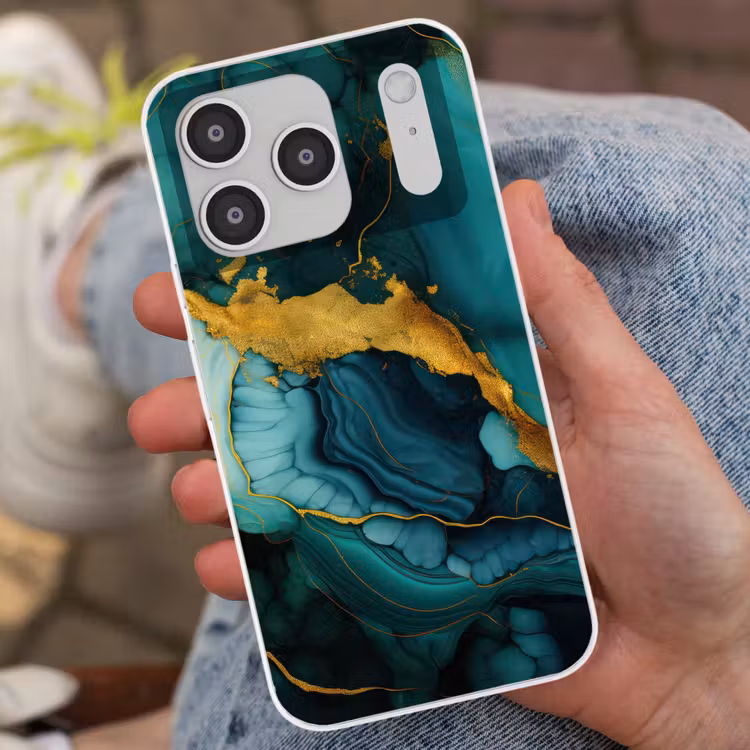 Marmer - Goud - Blauw groen - Abstract - Turquoise Telefoonhoesje iPhone 17 Pro klein -sfeer2