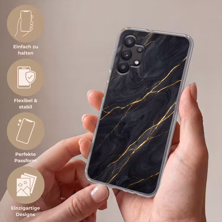 Marmer - Goudaders - Abstract - Modern - Zwart Telefoonhoesje Samsung Galaxy A32 5G klein -sfeer3_DE
