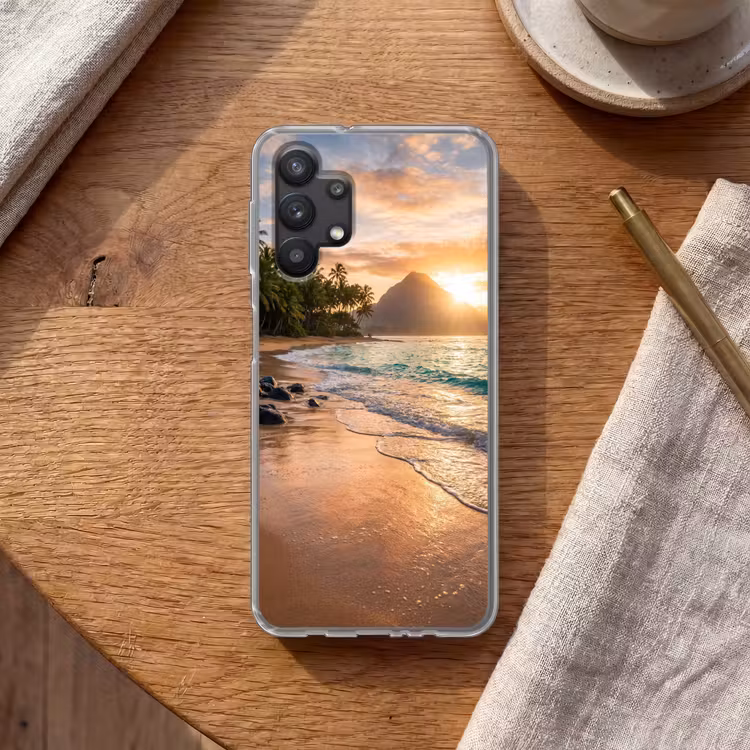 Zee - Berg - Landschap - Tropisch - Goud Telefoonhoesje Samsung Galaxy A32 5G klein -sfeer1