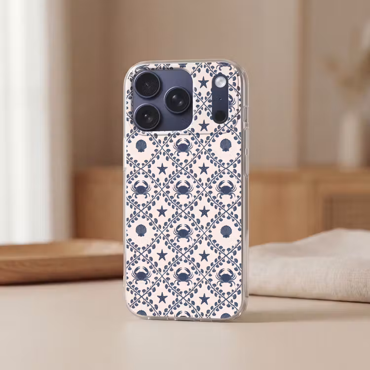 Zee - Krab - Zeester - Patroon - Blauw Telefoonhoesje iPhone 17 Pro klein -sfeer2