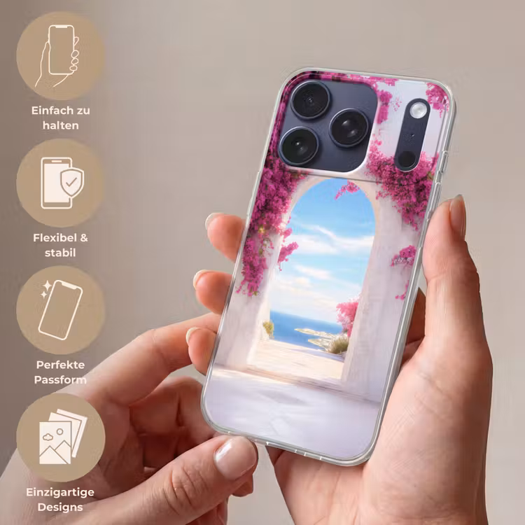 Zee - Roze - Bloemen - Poort Telefoonhoesje iPhone 17 Pro klein -sfeer3_DE