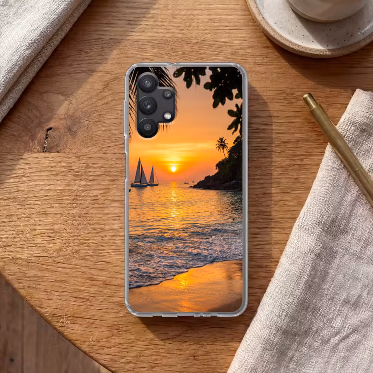 Zee - Zonsondergang - Boot - Natuur - Oranje Telefoonhoesje Samsung Galaxy A32 5G klein -sfeer1