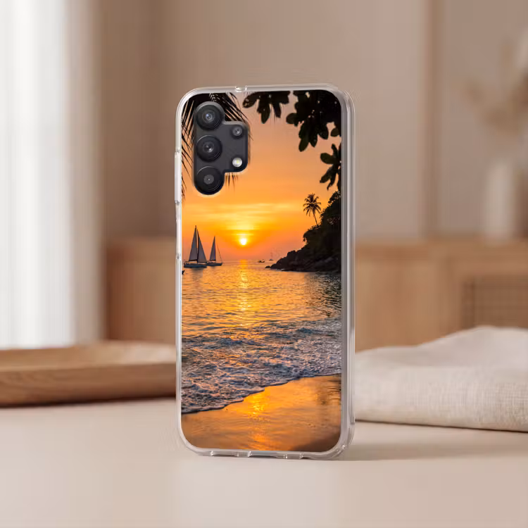 Zee - Zonsondergang - Boot - Natuur - Oranje Telefoonhoesje Samsung Galaxy A32 5G klein -sfeer2