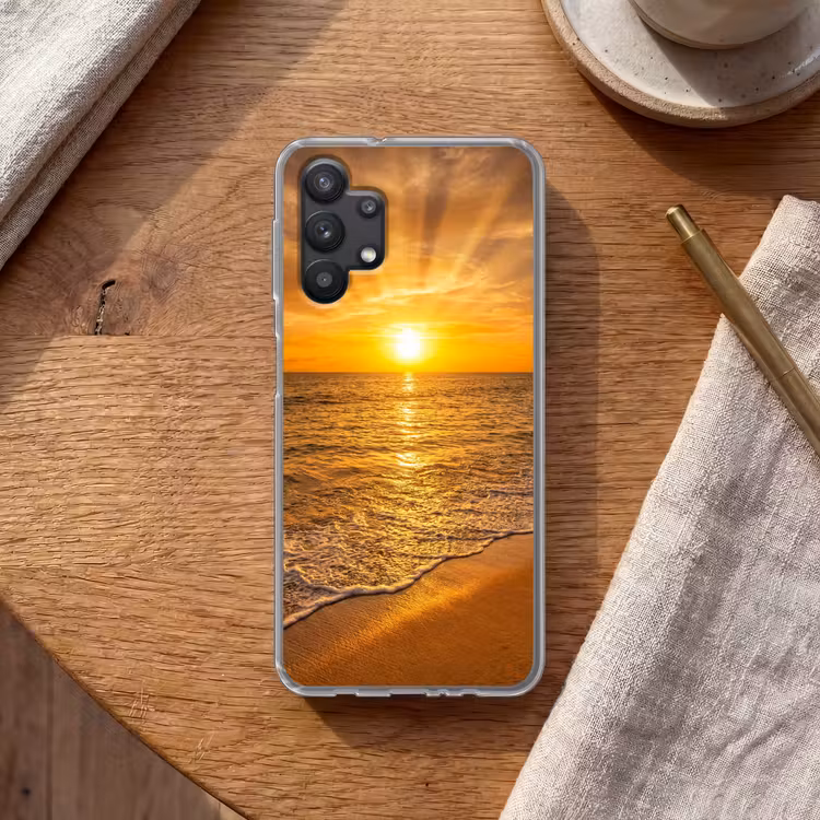 Zee - Zonsondergang - Golven - Kust - Oranje Telefoonhoesje Samsung Galaxy A32 5G klein -sfeer1