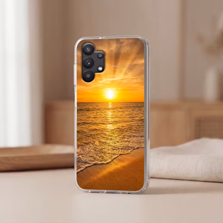 Zee - Zonsondergang - Golven - Kust - Oranje Telefoonhoesje Samsung Galaxy A32 5G klein -sfeer2