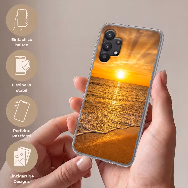 Zee - Zonsondergang - Golven - Kust - Oranje Telefoonhoesje Samsung Galaxy A32 5G klein -sfeer3_DE