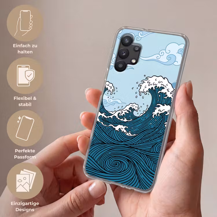 Zee - Golven - Japans - Natuur - Blauw Telefoonhoesje Samsung Galaxy A32 5G klein -sfeer3_DE