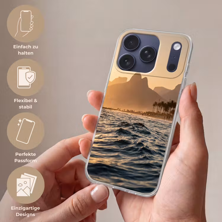 Zee - Golven - Zonsondergang - Kust - Goud Telefoonhoesje iPhone 17 Pro klein -sfeer3_DE