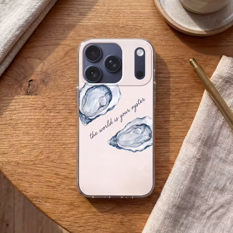 Zeeleven - Oester - Aquarel - Minimalistisch - Blauw Telefoonhoesje iPhone 17 Pro klein -sfeer1