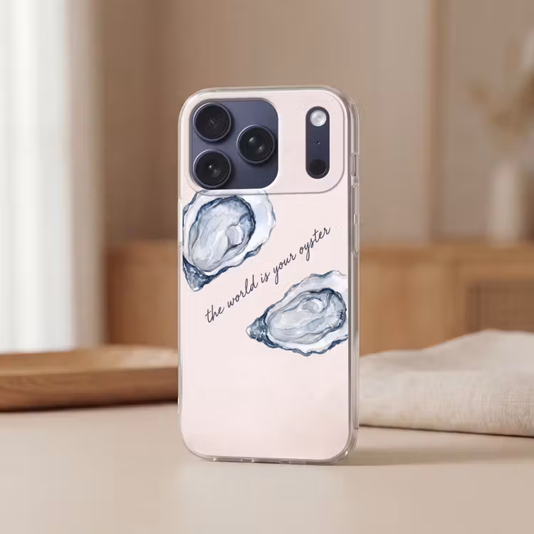 Zeeleven - Oester - Aquarel - Minimalistisch - Blauw Telefoonhoesje iPhone 17 Pro klein -sfeer2