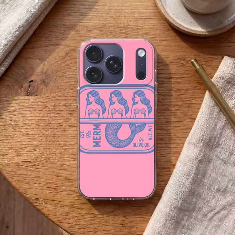Meermin - Sardineblik - Illustratie - Roze - Retro Telefoonhoesje iPhone 17 Pro klein -sfeer1