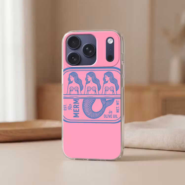 Meermin - Sardineblik - Illustratie - Roze - Retro Telefoonhoesje iPhone 17 Pro klein -sfeer2