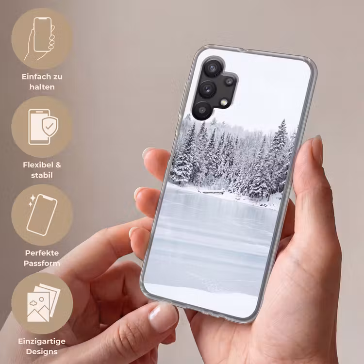 Meer - Dennen - IJs - Winter - Rustgevend Telefoonhoesje Samsung Galaxy A32 5G klein -sfeer3_DE