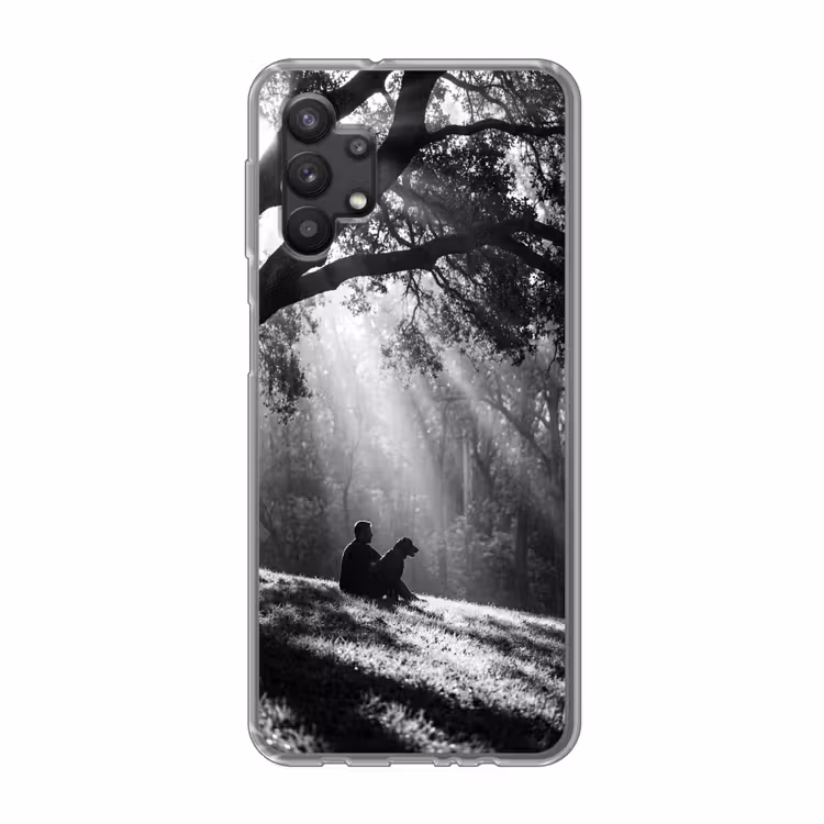 Mens - Hond - Natuur - Zwart-wit - Silhouet Telefoonhoesje Samsung Galaxy A32 5G klein -3d
