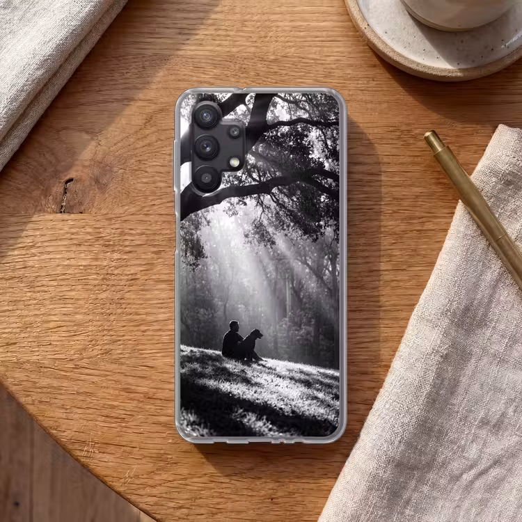 Mens - Hond - Natuur - Zwart-wit - Silhouet Telefoonhoesje Samsung Galaxy A32 5G klein -sfeer1