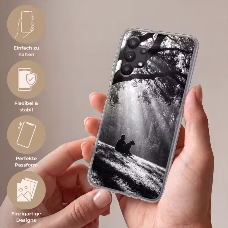 Mens - Hond - Natuur - Zwart-wit - Silhouet Telefoonhoesje Samsung Galaxy A32 5G klein -sfeer3_DE