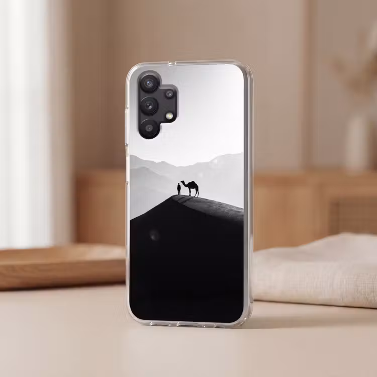 Mens - Kameel - Zandduin - Natuur - Monochroom Telefoonhoesje Samsung Galaxy A32 5G klein -sfeer2