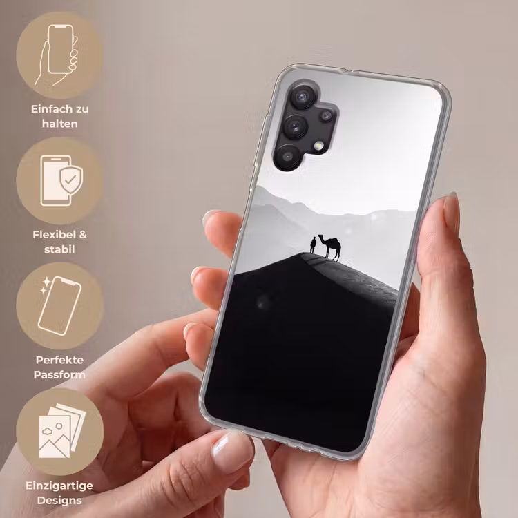 Mens - Kameel - Zandduin - Natuur - Monochroom Telefoonhoesje Samsung Galaxy A32 5G klein -sfeer3_DE