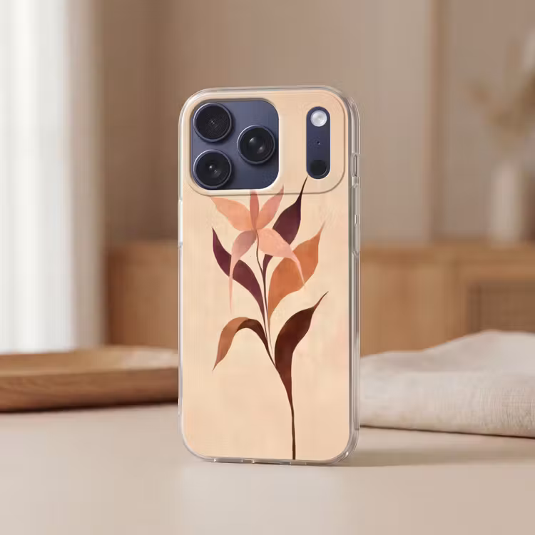 Minimalistisch - Bloem - Bladeren - Beige Telefoonhoesje iPhone 17 Pro klein -sfeer2