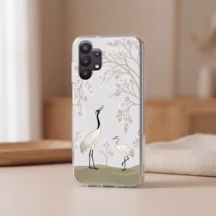 Minimalistisch - Kraanvogels - Blauw Telefoonhoesje Samsung Galaxy A32 5G klein -sfeer2