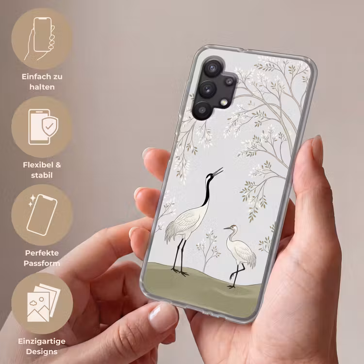 Minimalistisch - Kraanvogels - Blauw Telefoonhoesje Samsung Galaxy A32 5G klein -sfeer3_DE